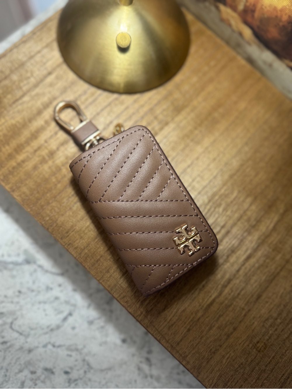Tory Burch Quilted Leather Key & Card Holder in Taupe with Gold Logo